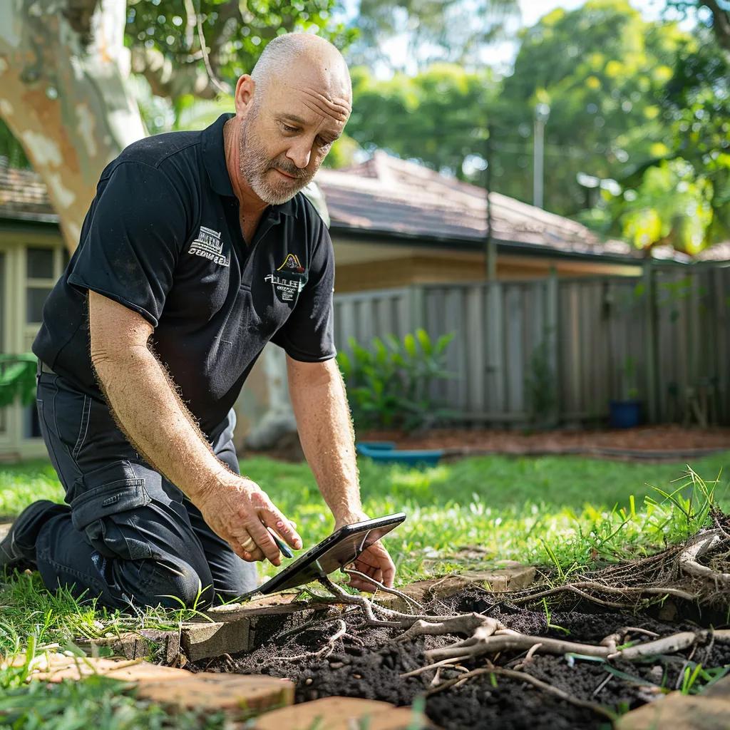 Plumber analyzing soil and tree roots in Wakerley, addressing unique plumbing challenges