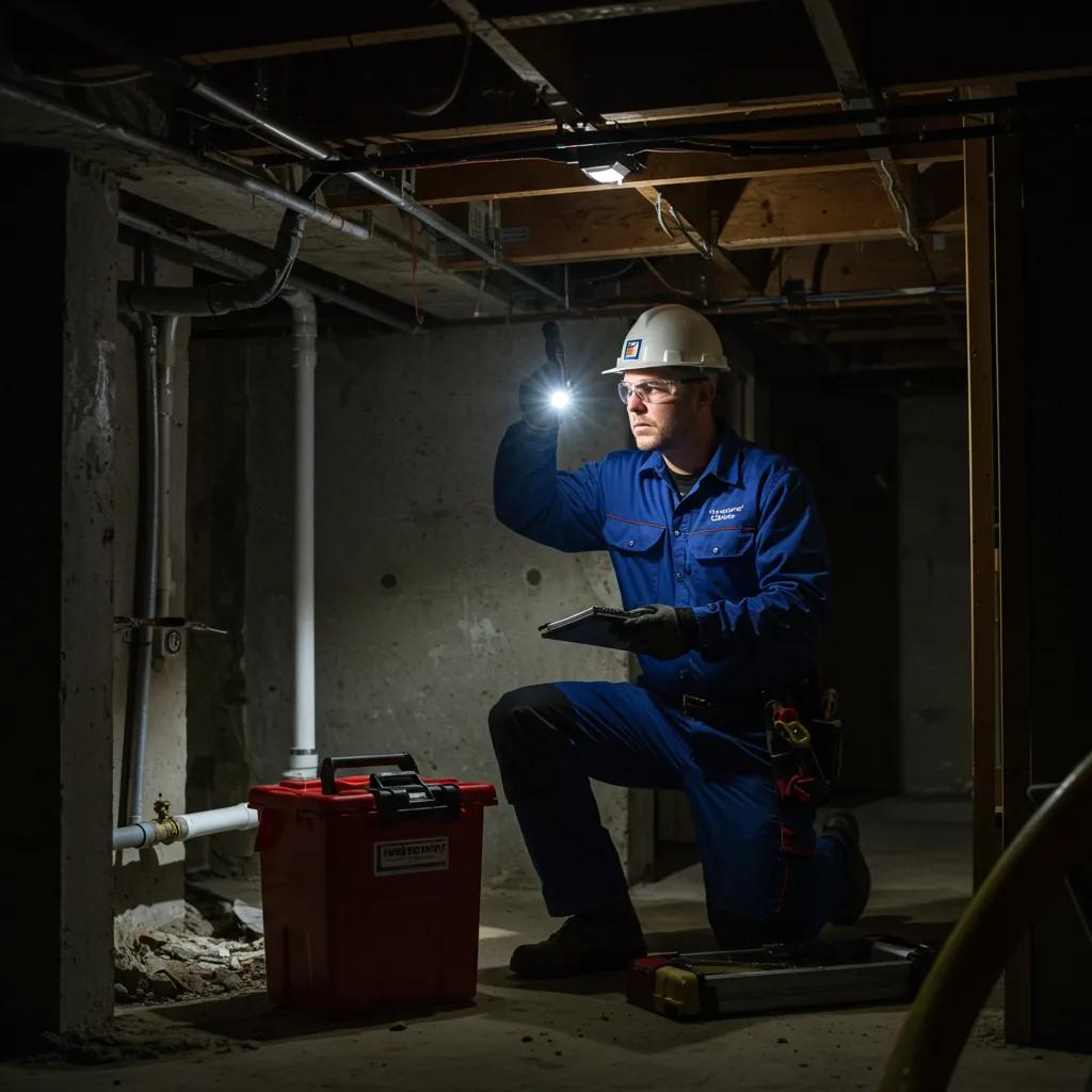 A plumber attending to a plumbing emergency at night, carefully inspecting a burst pipe in a basement area