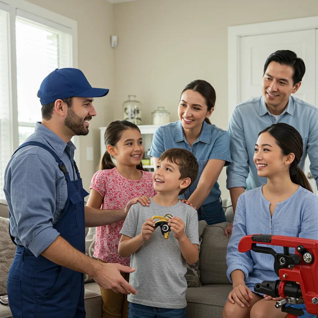 A happy family interacting with a plumber, highlighting the quality standards and customer satisfaction achieved in plumbing services