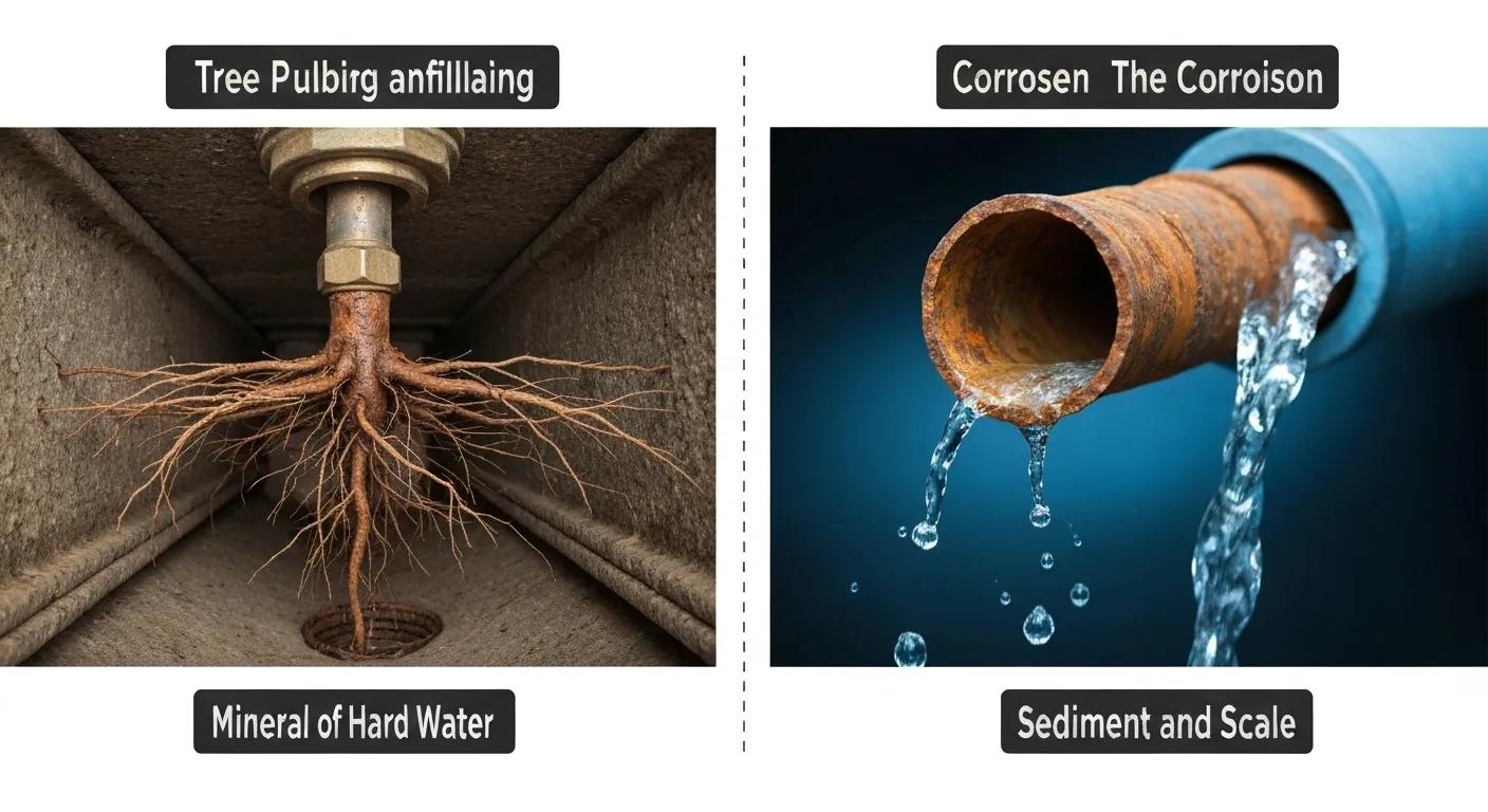 Visuals of typical plumbing problems like tree roots, corroded pipes, and mineral buildup in water systems