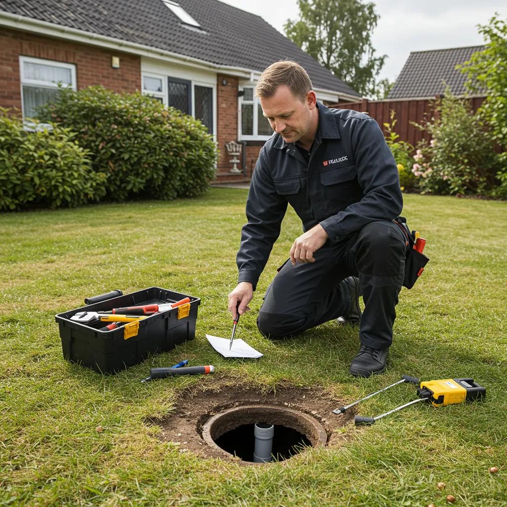 Plumber examining a drainage system in a residential neighbourhood, highlighting local plumbing expertise