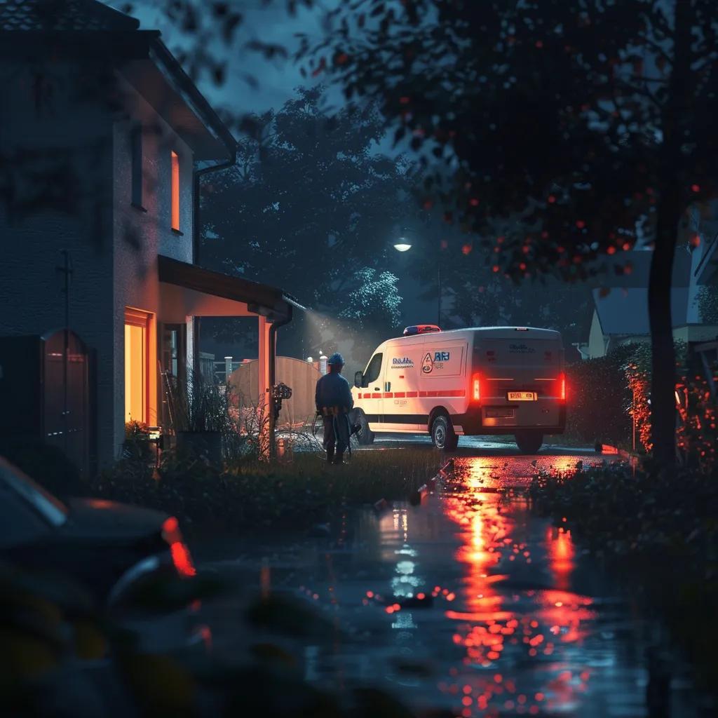 Plumber responding to an emergency plumbing call at night, showcasing 24/7 service