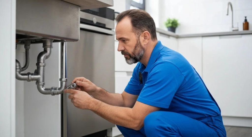 Professional plumber fixing pipes in a home, showcasing expert plumbing services