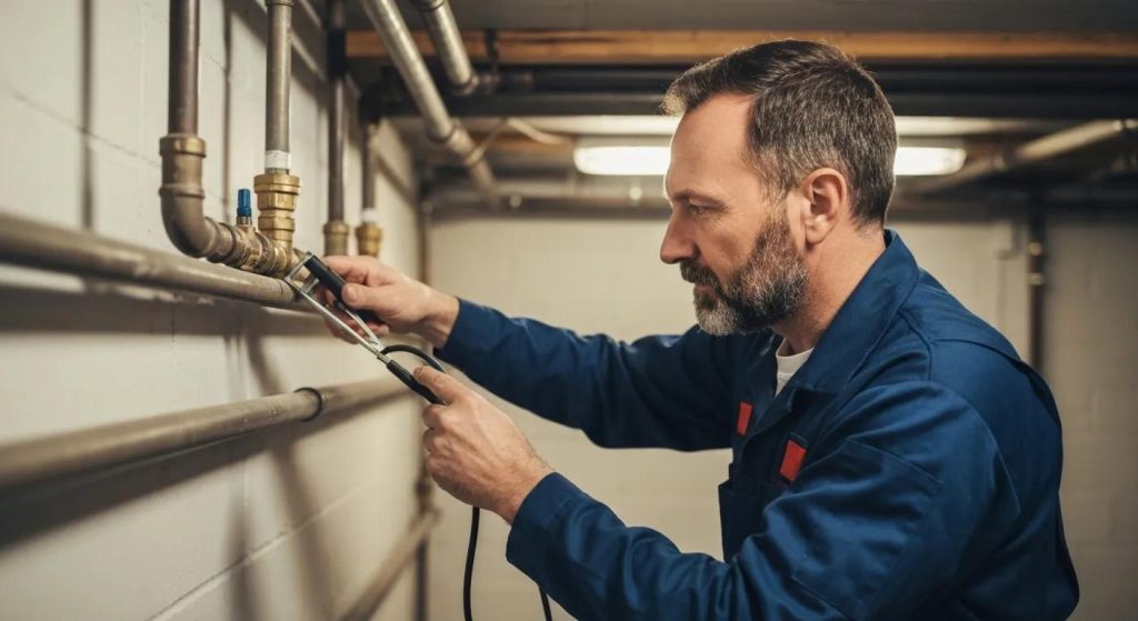 Professional plumber inspecting a home's plumbing system, highlighting reliability and expertise