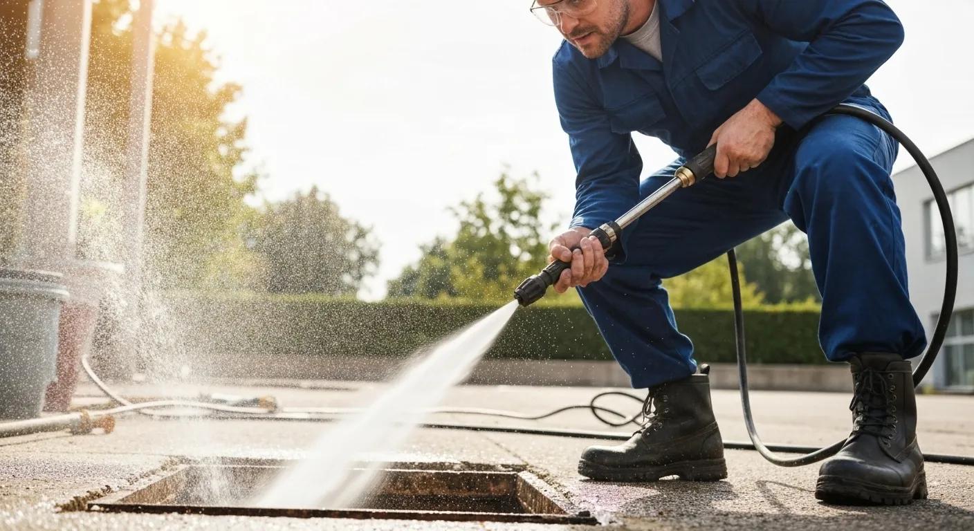 Plumber using a high-pressure water jet to clear a blocked drain, showing advanced plumbing techniques
