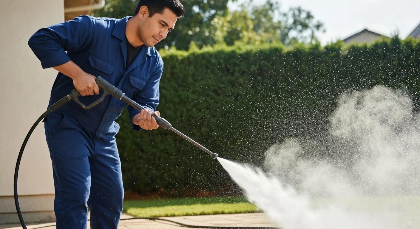 Plumber using high-pressure water jetting to clear an outdoor blocked drain, demonstrating efficient repair techniques